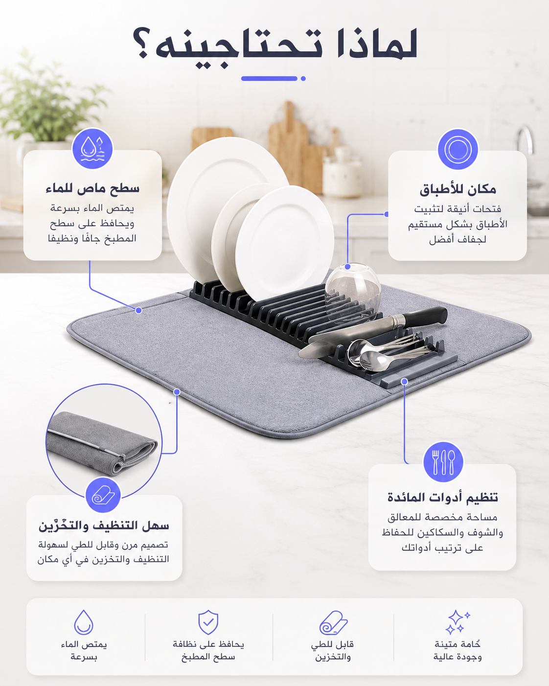 وسادة تجفيف الأطباق للمطبخ — ترتيب ونظافة بعد الغسيل