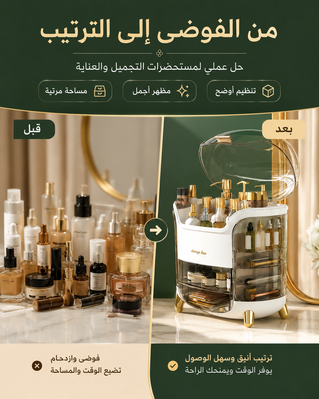 منظم مستحضرات التجميل — ترتيب أنيق بغطاء شفاف