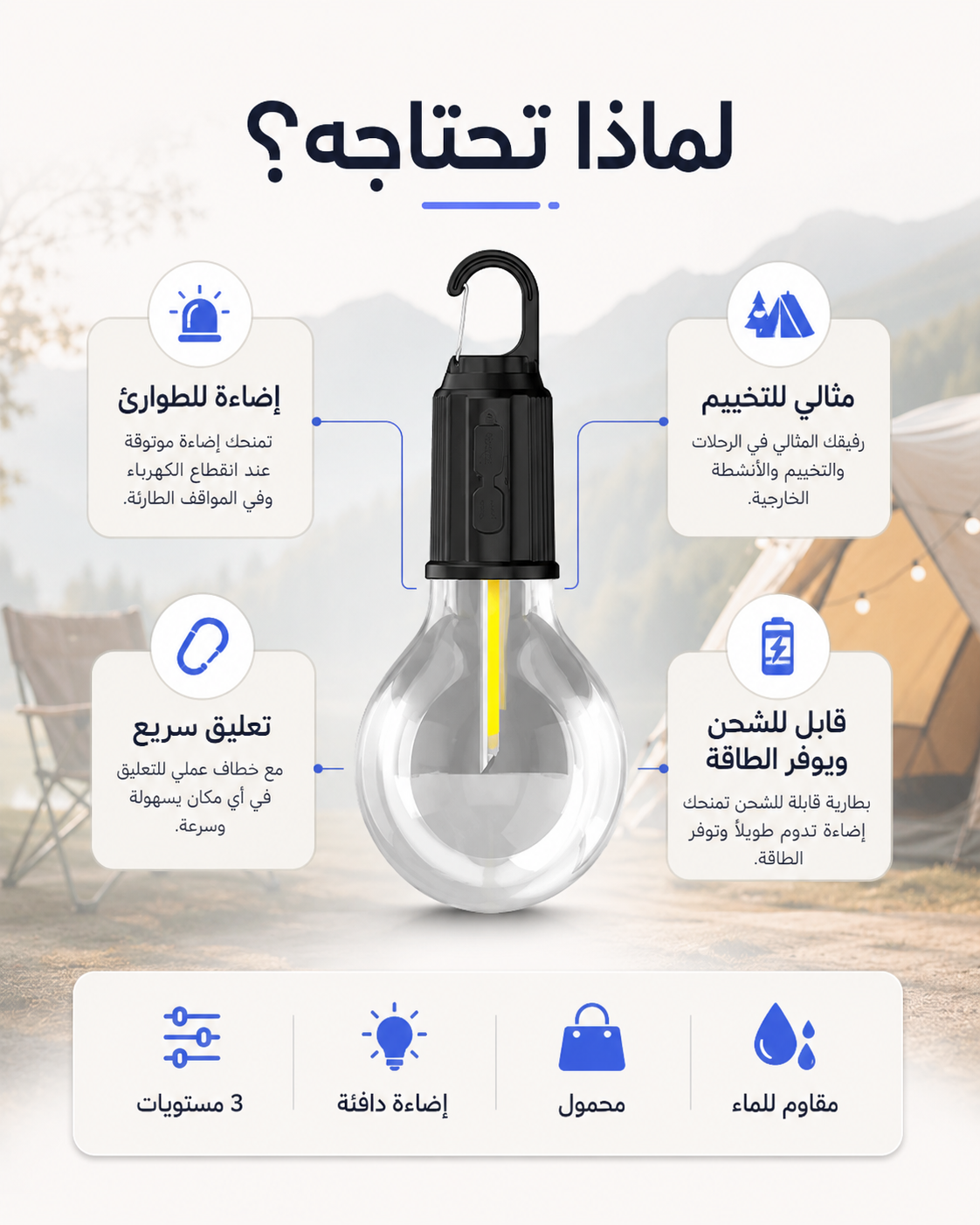 مصباح تخييم معلق قابل للشحن — إضاءة دافئة للبيت والرحلات